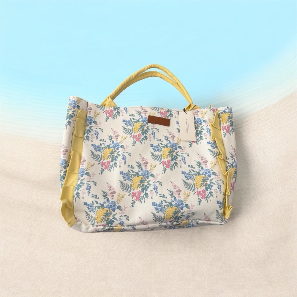 Laura Ashley Floral Spring Tote Bag with Yellow Ruffle Accents and Handles ~ NWT